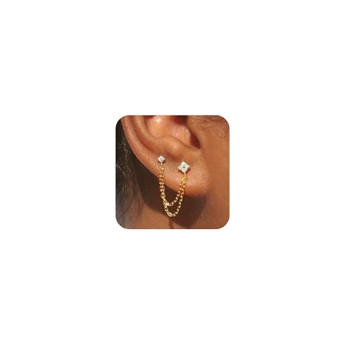 Freekiss Gold Chain Studs Earrings for Women Trendy: Hypoallergenic 14K Gold Plated Dangle Earrings Dainty Cubic Zirconia Layered Double Earrings Set Gold Jewelry for Women Gifts