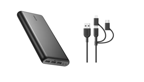 Anker Power Bank, 26,800 mAh External Battery Powerline II 3-in-1 Cable, Lightning/Type C/Micro USB Cable