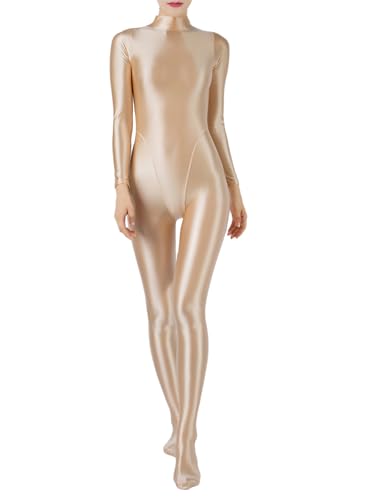 Zaldita Women's Shiny Oil Glossy Body Stocking Yoga One Piece Smooth Stretchy Back Zipper Full Bodysuits Nude Medium