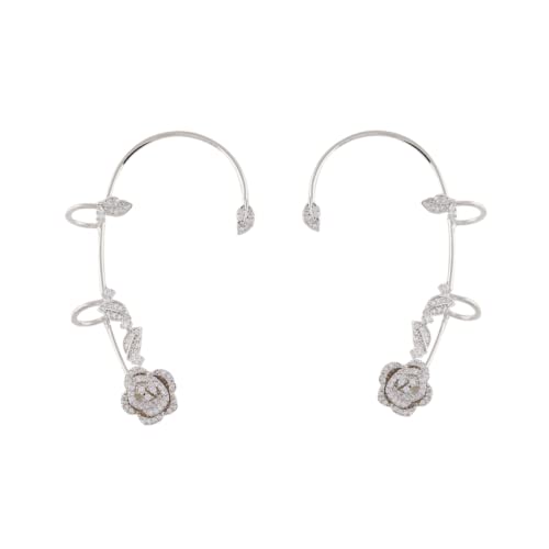 2PCS Women's Clip-On Earrings Hook Without Pierced Rose Flower Ear Bone Clip Ear Clip Butterfly (Silver Rose Ear Clips)