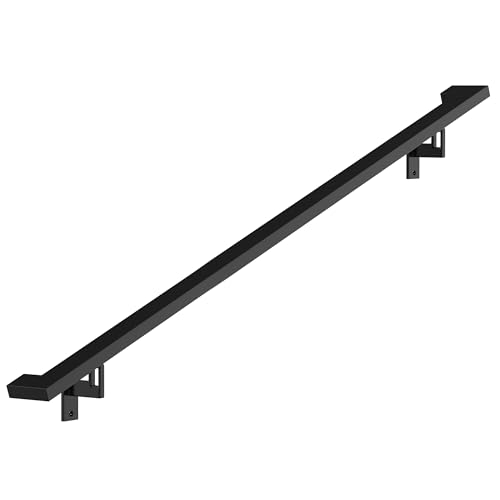 Modern Aluminum Handrail Complete DIY Kit – Matte Black with Adjustable Wall Mount Brackets Included (6' Length)