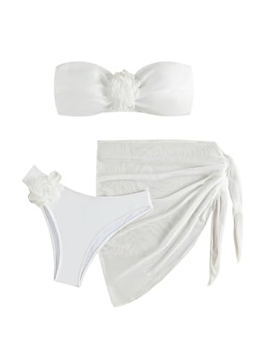 SOLY HUX Women's 3 Piece Swimsuit Floral Appliques Bandeau Bikini Sets Bathing Suit with Beach Skirt Solid White Large