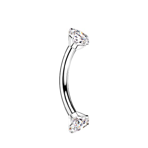 Pierced Owl 16GA G23 Implant Grade Titanium Internally Threaded Prong Set CZ Crystal Ends Cartilage Helix Daith Rook Eyebrow Curved Barbell (Silver Tone/Clear)