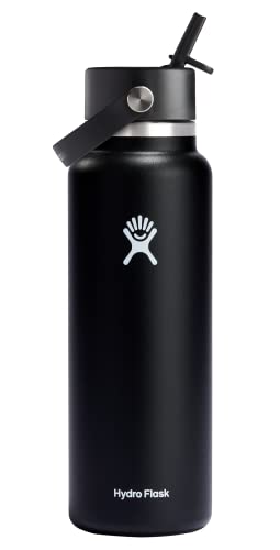 Hydro Flask 40 Oz Wide Flex Straw Cap Bottle - Insulated Stainless Steel - Wide Straw Lid, Non Spill, Leakproof in Black