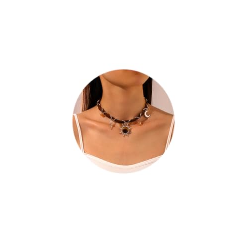 Vinzar Boho Sun Pendant Necklace Brown Leather Necklace Silver Moon Star Choker Necklace Crystal Stone Collar Necklace for Women