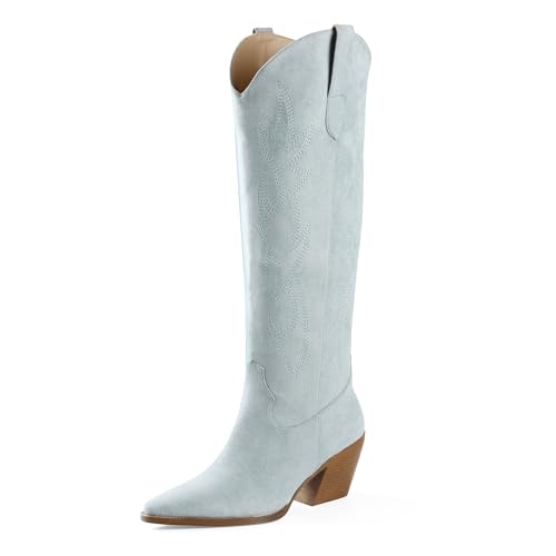 iiimmu Cowgirl Boots Knee High Pointed Toe and Block Heel Suede Cowboy Boots for Women with Embroidered, Light Blue Size 8.5
