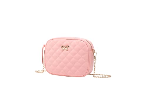 Pink Handbag Shoulder Bag for Women and Girls - Small Quilted Leather Cross body Clutch Purse for Teens - Cute Bow Ladies Pocketbook Shoulder Bag