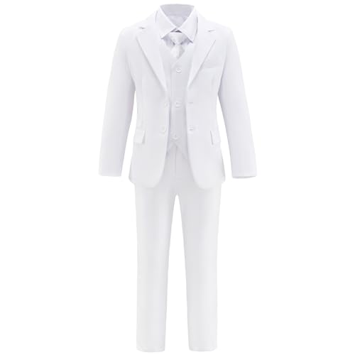 Boys Suits Slim Fit 6 Pieces Wedding Guest Outfits Kids White Suit Jacket Vest and Pants Set Formal Dresswear for Teens Graduation Homecoming Tuxedo Size 14