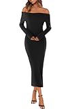 MEROKEETY Women's Winter Off Shoulder Bodycon Sweater Dress Formal Long Sleeve Elegant Cocktail Party Midi Maxi Dresses, Black, Medium