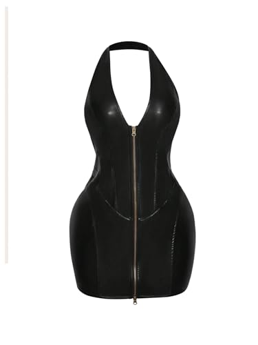 Floerns Women's Plus Size PU Leather Zip Up Halter Dress Backless Bodycon Mini Dresses Black 4X-Large Plus