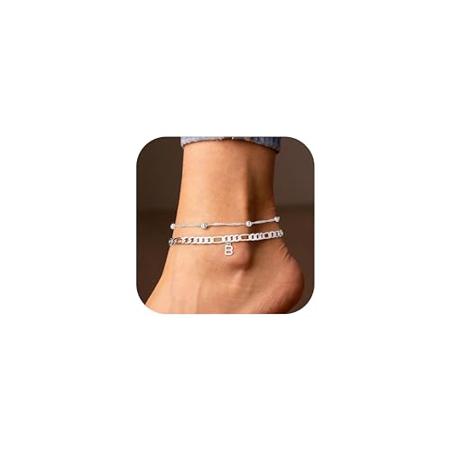 Ursteel Ankle Bracelets for Women, Silver Anklets Dainty Layered Chain Letter B Initial Anklets for Women Ankle Bracelet Summer Foot Jewelry Gifts