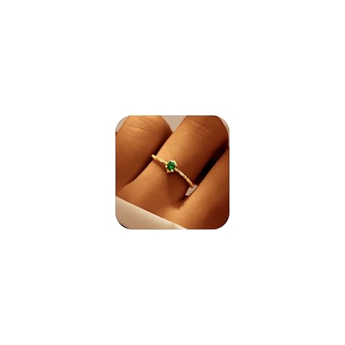 Aavoein Emerald Green CZ Promise Ring for Women 925 Real Silver Stackable Birthstone Rings for Her 14K Gold Plated Engagement Ring for Mother Birthday Christmas Valentine’s Day Jewelry Gift (Gold, 7)