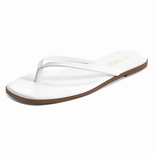 Rihero Women's White Flip-Flops Beach Thong Sandals Comfortable Dressy Summer Cute Slip On Leather Slide Sandals Size 7.5