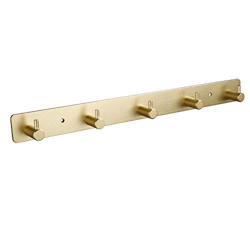 WNEBATH Gold 5 Wall Hooks, Brushed Gold Bathroom Hook Rail, Self Adhesive 5 Hooks Key Hook Rack Hanger Towel Robe Stick Hooks for Toilet Entryway Hallway Kitchen Wall Mounted