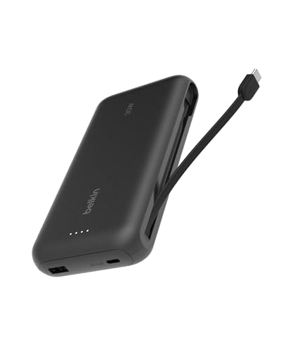 Belkin Portable Charger, Power Bank with Integrated Cable 20000 mAh 30W - Fast Charging USB C Power Delivery, iPhone Charger - iPhone 16 Series, iPad Pro, Galaxy S25 Series, & More - Black