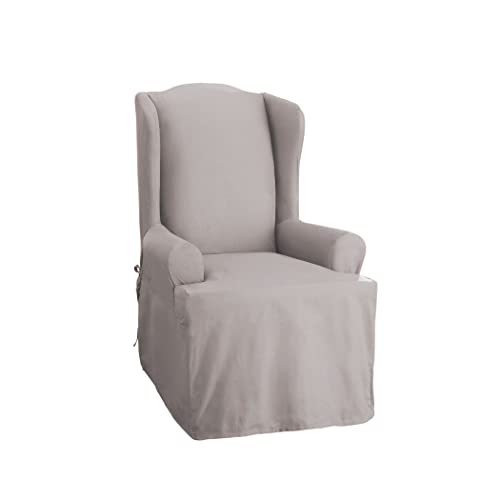 SureFit Cotton Duck Wingback Chair One Piece Slipcover, Chair Cover, Relaxed Woven Fit, 100% Cotton, Machine Washable, Gray