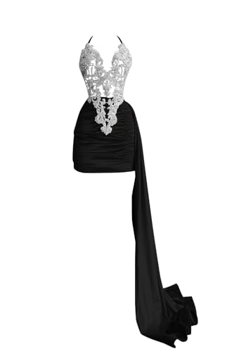Datangep Halter Short Mini Sexy Cocktail Dress Black Prom Dress Applique Crystal Celebrity Pageant Gown US4