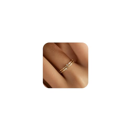 AIBELOPY 2 Layered Crown Rings for Women 925 Sterling Silver 14K Gold Plated Dainty Cubic Zirconia Ring Engagement Eternity Wedding Band Stackable Ring Jewelry Birthday Christmas Gifts (Gold, 5)
