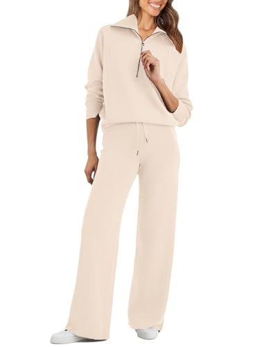 Glamaker Womens 2 Piece Outfits Sweatsuit Set Oversized Half Zip Sweatsuits Wide Leg Sweatpants Lounge Sets Tracksuit Apricot S