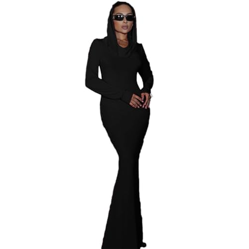 Women's Long Sleeve Bodycon Casual Slim Pullover Maxi Hoodie Dress Black