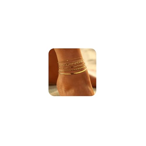 MFRYK Gold Ankle Bracelets for women,14 Gold Plated Waterproof lightweight Layered Rope ankle bracelet Rope Chain Cuban Link Figaro Chain Paperclip Chain Ankle Bracelets Set Gold Anklets for women Trendy Jewelry Gift For Women