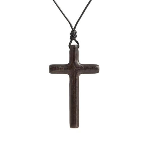 Men's Wooden Cross Necklaces Real Handcrafted Ebony Wood Cross Pendants With Leather Necklace Men's Black Cross Necklaces Christian Baptism Crucifix Pendant for Men (Knife-patterned cross necklaces)