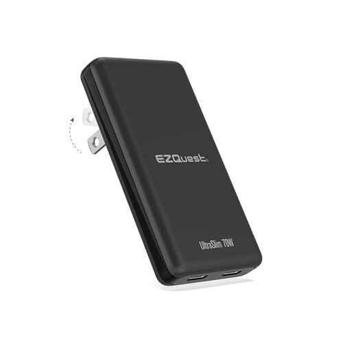 EZQuest UltraSlim 70W GaN II Dual USB-C PD Wall Charger - Compact Foldable US Wall Plug with Universal Compatibility - Intelligent Power Allocation - Fast Charging- Over-Voltage Protection - Black