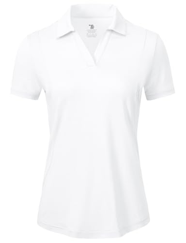 BGOWATU Women's Short Sleeve Golf Tennis Polo Shirts V Neck Collared Workout Tops UV Protection Dry Fit for Summer White XS