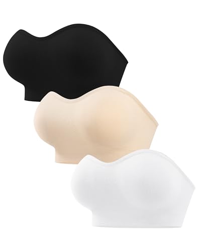 ANGOOL Strapless Bras for Women Wirefree Non-Slip Tube Top Invisible Bralette Seamless Padded Bandeau Bra, Black+Beige+White, XL
