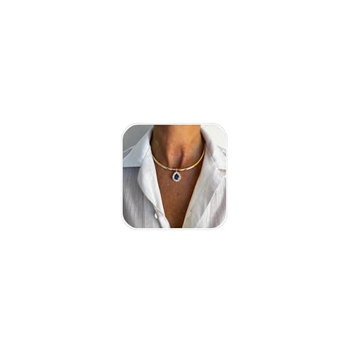 XSBODY Charm Gold Open Collar Necklace with Pendant Blue Teardrop Party Rhinestone Statement Choker Necklace for Women Handmade (Gold)