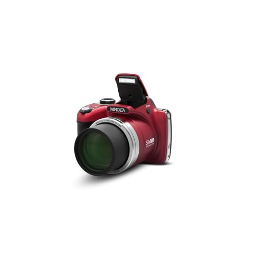 Minolta Pro Shot 16MP HD Digital Camera – 53x Optical Zoom, 1080p Full HD Video, Optical Stabilization, 3-inch LCD, Panorama, HDR, Face Detection, Smart Modes, 16GB Card (Red)