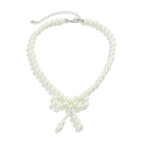 Pearl Bow Necklace for Women White Pearl Choker Necklace Black Bow Choker Faux Pearl Choker Necklaces Wedding Birthday Gifts Party Bar Accessories (White Pearl Bow Necklace)