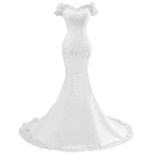 XYAYE Lace Mermaid Wedding Dresses for Bride 2021 Sequins Off The Shoulder Bridal Gowns with Sweep Train Style3 White 14