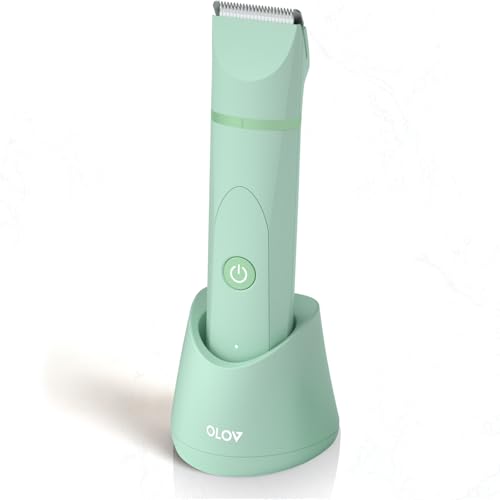 OLOV Electric Body Hair Trimmer - Groin Trimmer for Men - Bikini Trimmer Women - Wet/Dry Shaver Groomer, Replaceable Ceramic Blade Heads, USB Recharge Dock, Waterproof Hygiene Razor, Green