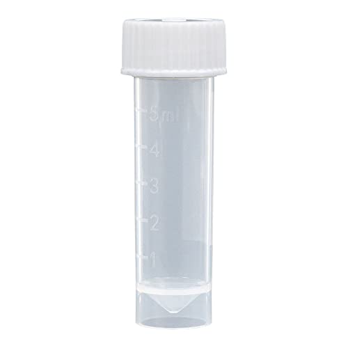 Globe Scientific 6101-A Polypropylene Molded Graduations Conical Bottom Self Standing Transport Tubes with Separate White Polyethylene Screw Cap, 5ml Capacity (Case of 1000)