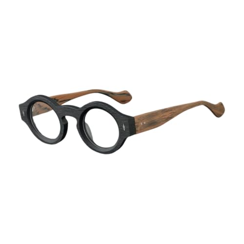JISHINMEN Yuki Vintage Acetate Glasses Frame Fake Non Prescription for Women Men Round Nerd Thick Glasses Frames, Black Woodgrain, 42