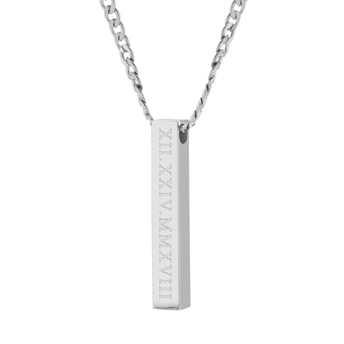 EVE'S ADDICTION Custom Engraved Men's Roman Numeral Stainless Steel Vertical Square Pendant, 20" long chain - Personalized Name & Date Pendant - Gift for Boyfriend - Couples Necklace