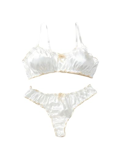 Verdusa Women's 2 Piece Satin Lingerie Set Lettuce Trim Bow Bra and Thong Sets White Medium