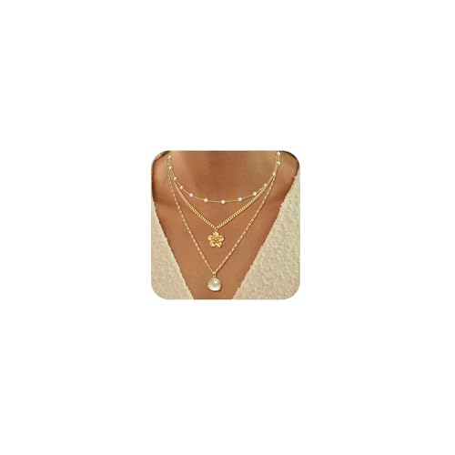 ASCOMY Gold Necklace for Women 14K Gold Plated Layered Necklaces Stackable Layering Pearl Choker Cuban Chain Flower Paperclip Shell Necklace Stacking Gold Choker Necklaces Trendy Jewelry Gift for Her