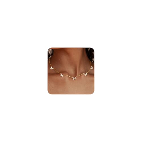 FUNEIA Dainty Silver Gold Necklaces for Women Trendy Non Tarnish 14K Gold Plated Cubic Zirconia Necklace Layered Cute Butterfly Heart Station Choker Necklace Stack for Wedding Prom Brides Jewelry
