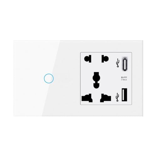 ZOZ03Y0 Smart Touch Switch Voice Control Switch with UK Smart Power and USB+typeC 5 Hole Socket Work Alexa Echo(147UK-W-SOC-USB 3W,Zigbee)