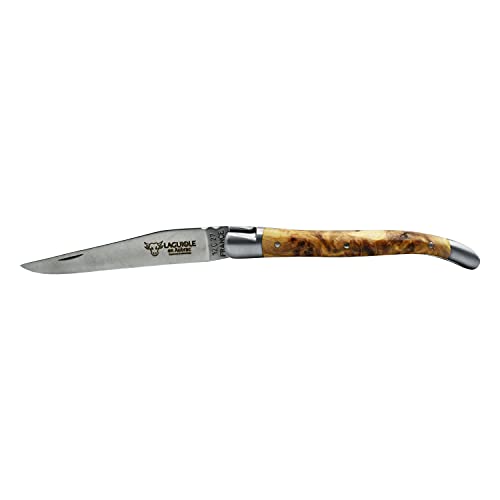 Laguiole en Aubrac Handmade Luxury Folding Pocket Knife, 3.5-in (9cm). Juniper Wood Handle, Hand Forged Bee, Stainless Steel Matte Bolsters