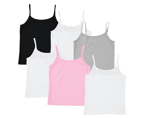 Pink Angel 6-Pack Girls' Undershirts, Tanks & Camisoles with Adjustable Straps, 3 White, 1 Black, 1 Grey, 1 Pink