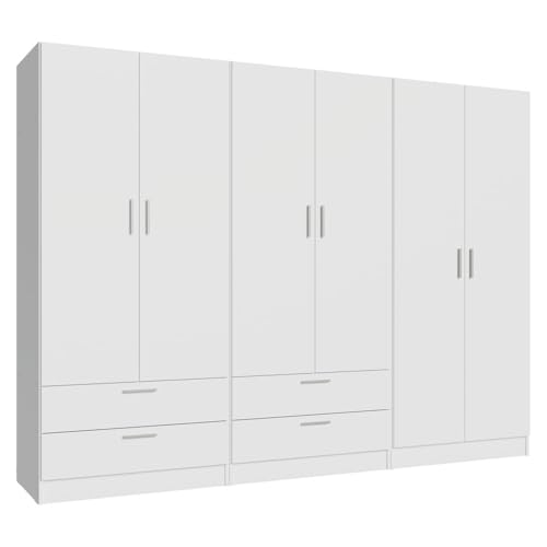 Madesa 6 Doors 4 Drawers Wardrobe Set Armoire Closet Bedroom Storage Cabinet with Shelves and Hanging Space 94" L Wooden Clothing Organizer Unit (White)