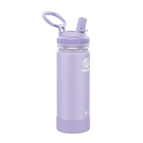 Takeya Actives Water Bottle with Straw Lid - Insulated Stainless Steel Water Bottle with Straw Lid - Dishwasher Safe Bottle & Lid - Durable Water Bottle with Easy Carry Lid - 18 oz, Lavender Fields