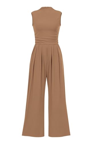 PRETTYGARDEN Womens Summer Jumpsuits Dressy Casual One Piece Outfits Sleeveless Mock Neck Wide Leg Pants Rompers with Pockets (Camel,X-Large)