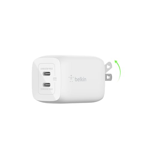 Belkin 65W Dual USB-C Wall Charger, Fast Charging Power Delivery 3.0 w/ GaN Technology for iPhone 16, 15, 14, 13, Pro, Pro Max, Plus, Mini, iPad, MacBook, Galaxy S25 Ultra, Galaxy S24, & More - White