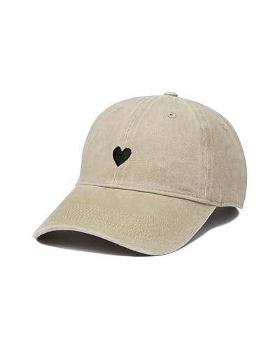 Atticus Poetry Hat, Embroidered Brushed Cotton Women’s Baseball Hat Unisex Fit, Adjustable One Size (Heart Khaki)