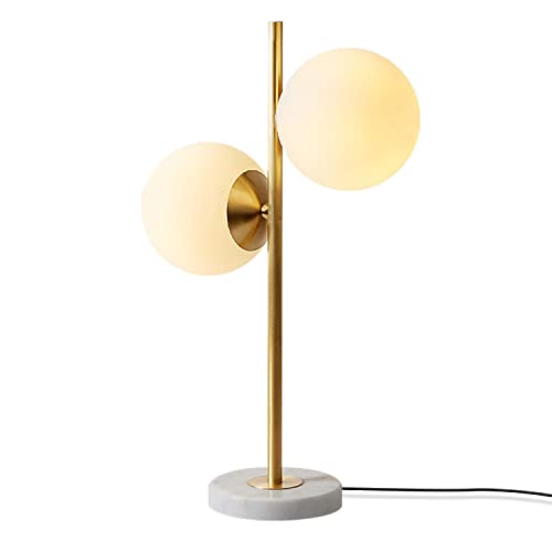 KCO Lighting Mid-Century Modern Table Lamp 2-Light Frosted Glass Globe Desk Lamp with Brushed Brass Finished Nightstand Bedside Lamp