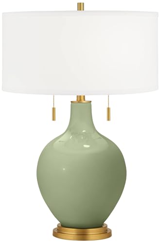 Color + Plus Toby 28" Tall Modern Glass Table Lamp Pull Chain Majolica Green Gold Brass Finish Single Fabric White Shade Living Room Bedroom Bedside Nightstand House Office Family Reading Kitchen